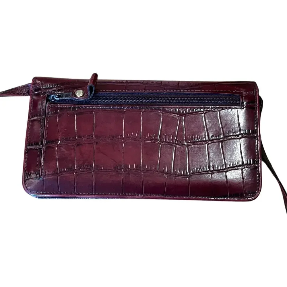 Vtg ETIENNE AIGNER Genuine Leather Croc Print Wallet / Crossbody Purse Oxblood